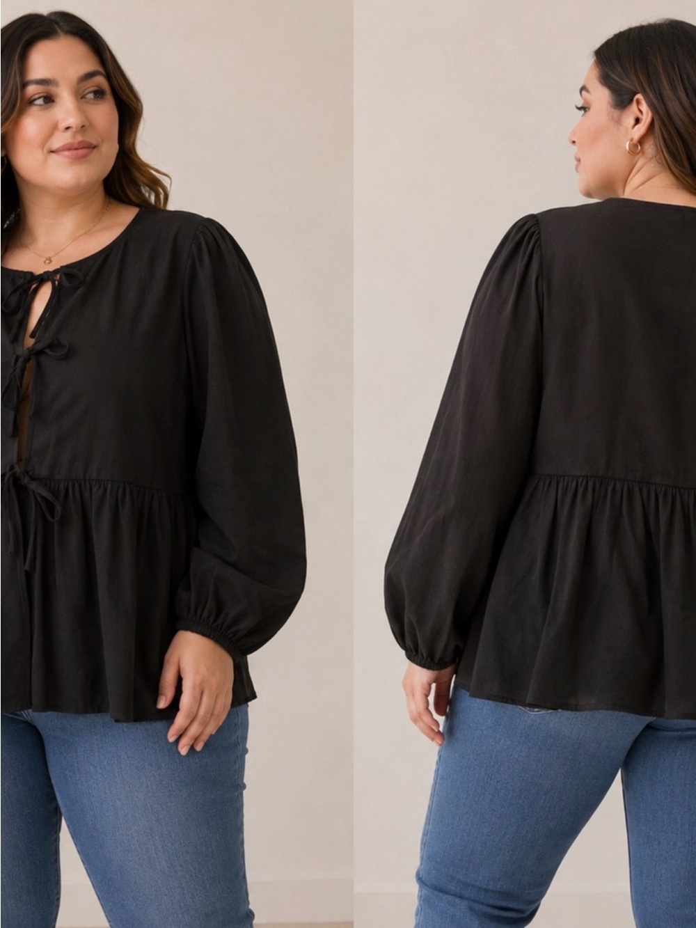 Ava & Viv Black Tie-Front Peplum Blouse